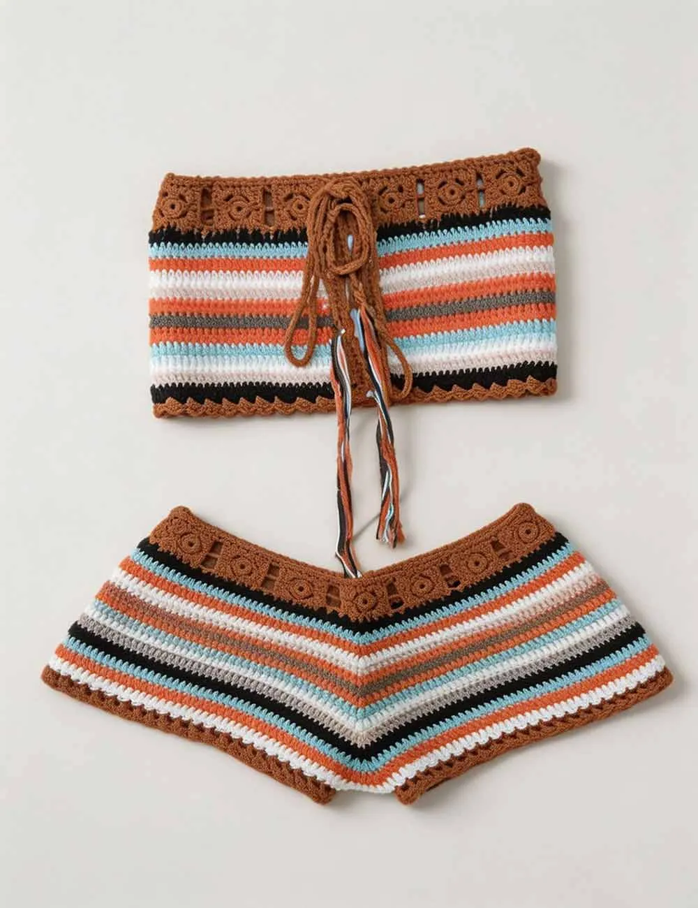 Rainbow Crochet Bandeau Bikini Set with Cover Up Shorts