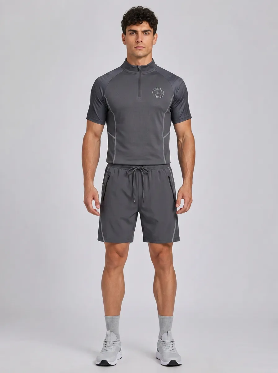 Men's Athletic Gym Training Logo Printed Quarter-Zip Shorts Set