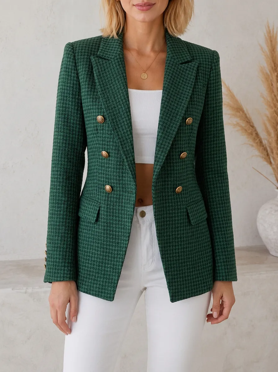 Women's Green Houndstooth Patterned Double-Breasted Blazer Jacket