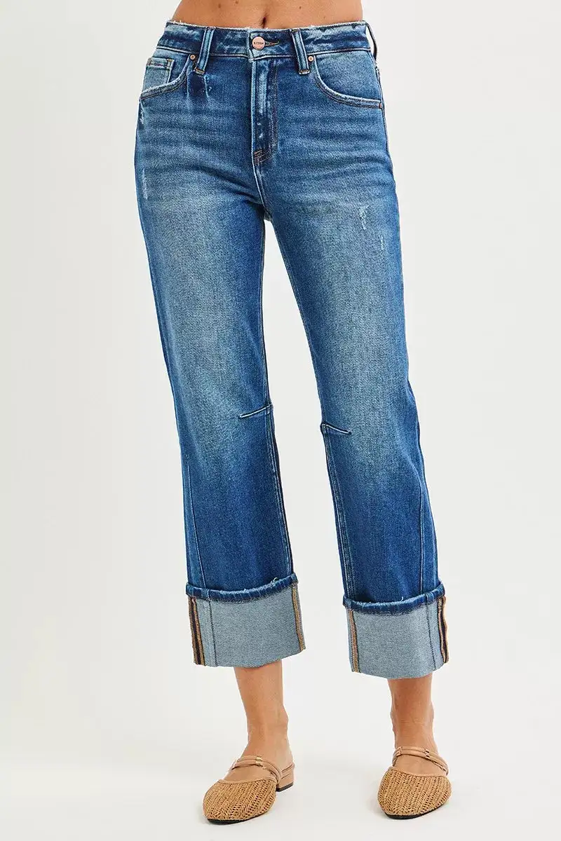 Casual High Waist Straight Leg Distressed Denim Jeans