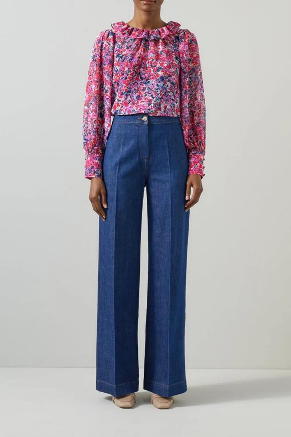 Pink Floral Print Ruffle Neck Long Sleeve Top