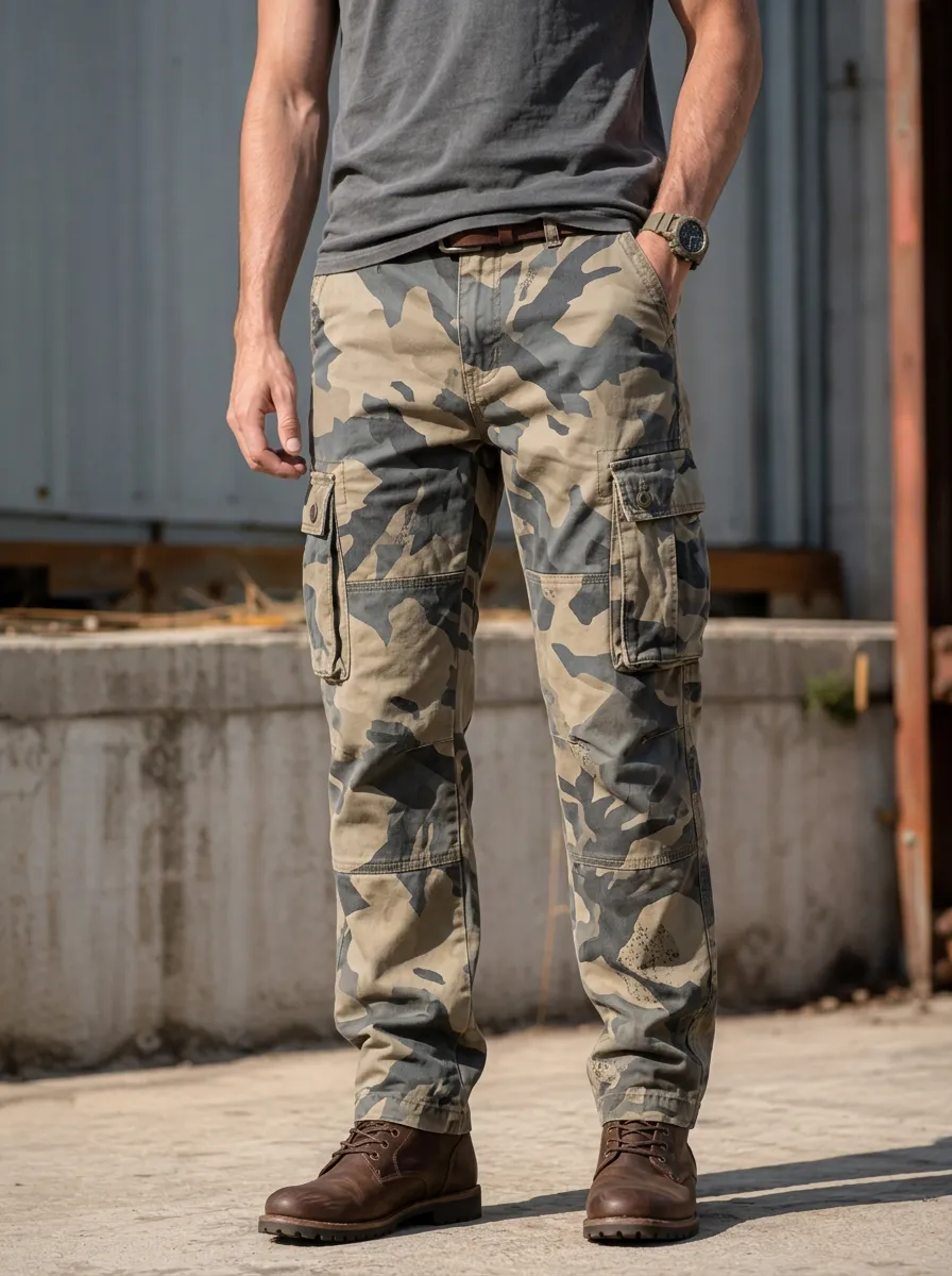 Men's Camouflage Cargo Pants Featuring Button Zip Fly
