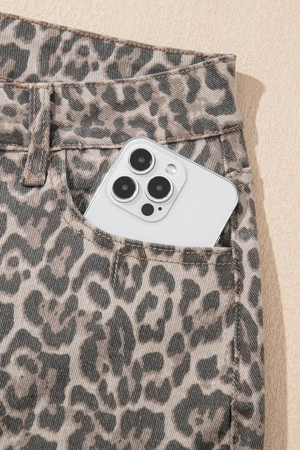 Leopard Frayed Edge Wide Leg High Denim Jeans