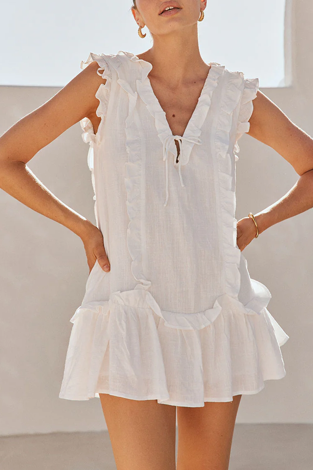 Ruffled V Neck Sleeveless Mini Dress