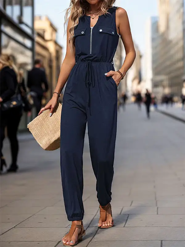 Mouwloze Jumpsuits Met V Hals Effen Kleur En