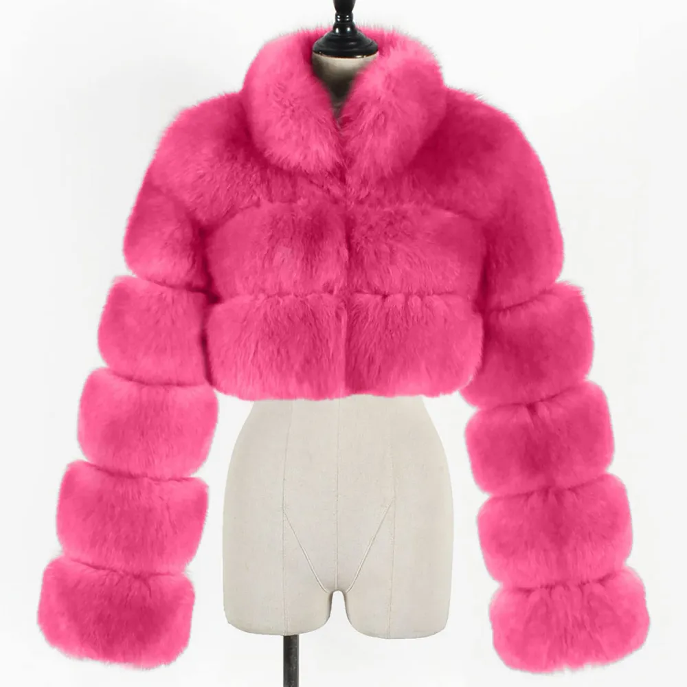 X1-Hot Pink Faux Fur Coat Women with Hood Cropped Bubble Coats Fleece Short Warm Jackets Plus Size Winter Coats for Women