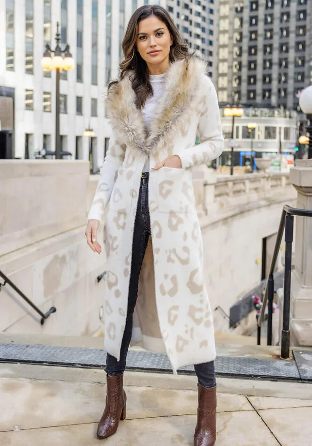 Lvory Leopard Fox Collar Duster Sweater