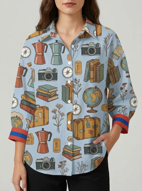 Women's Travel Hobbyist Camera Books Globe Printed Shirt