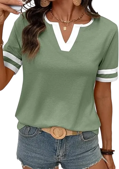 Spring/Summer Women's Casual Color Block V-Neck T-Shirt