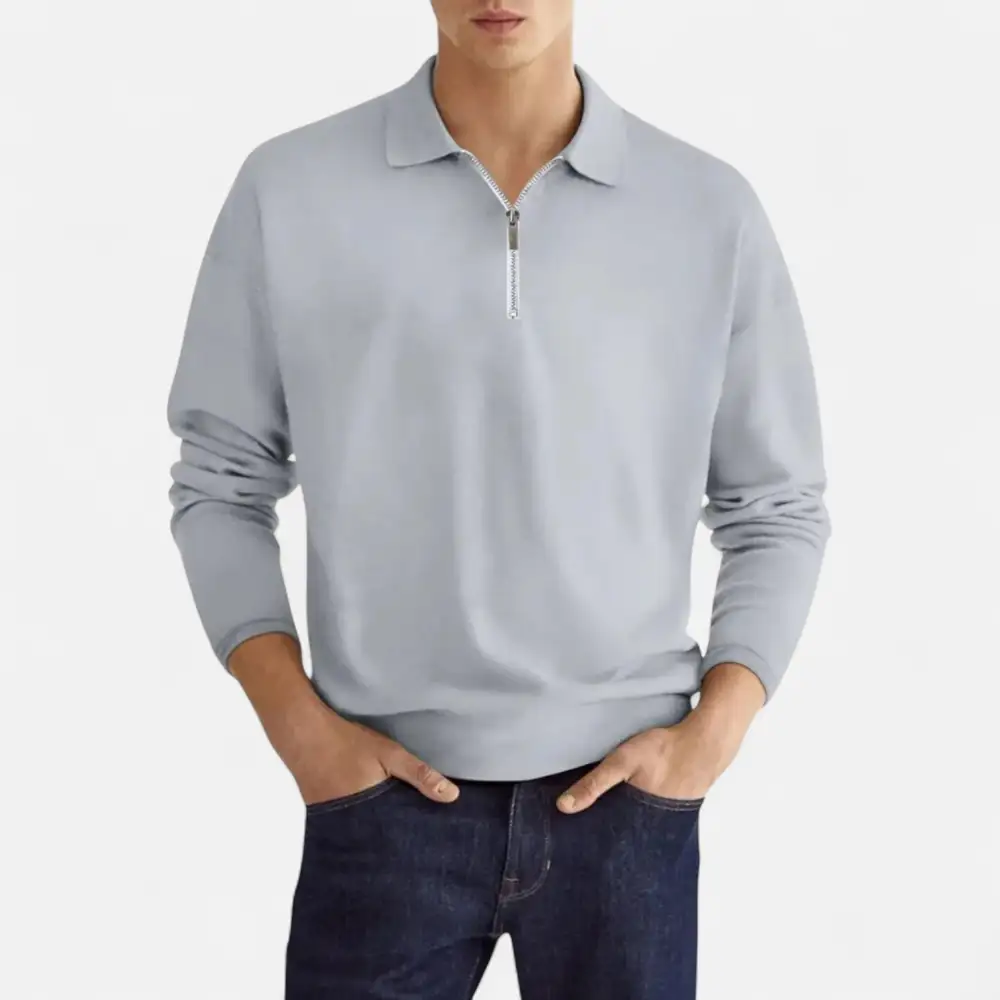 Denim Zip Collar Long Sleeve Polo Shirt