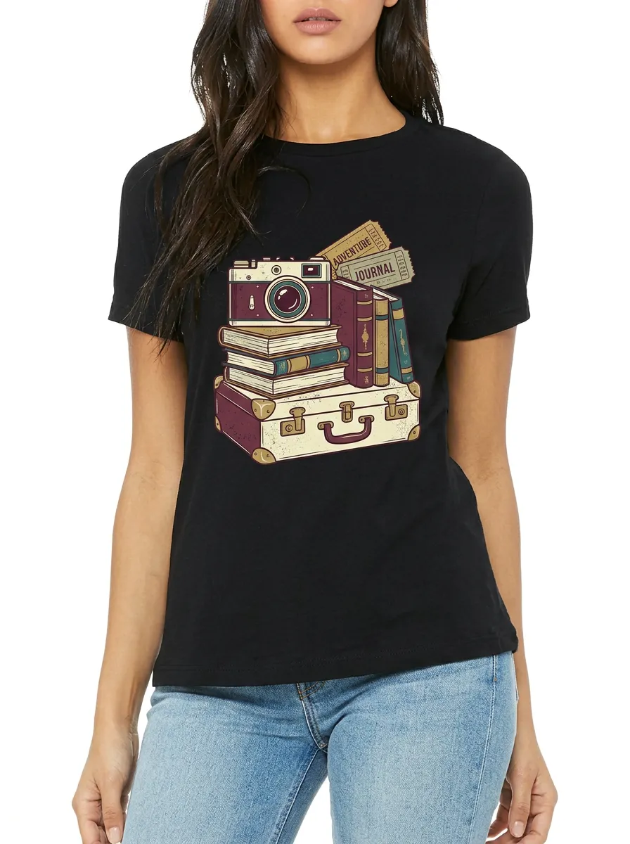 Women's Travel Camera Books Suitcase Graphic Crewneck T-Shirt