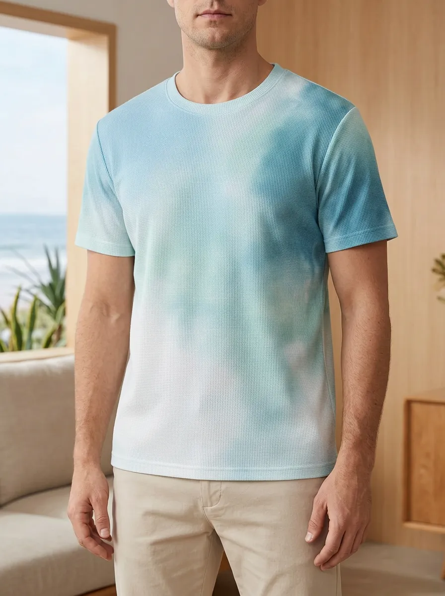 Men's Ombre Waffle Knit Artistic Crew Neck T-Shirt