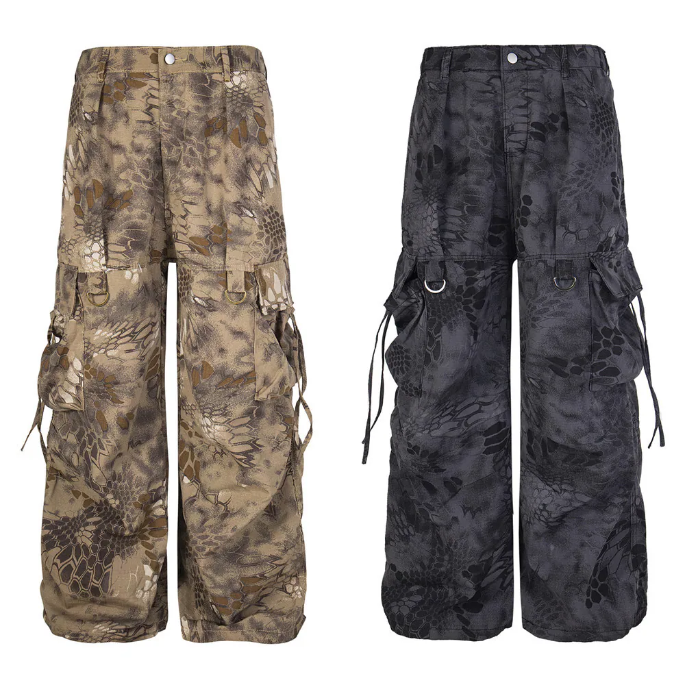 Snake-Pattern Camouflage Wide-Leg Cargo Pants