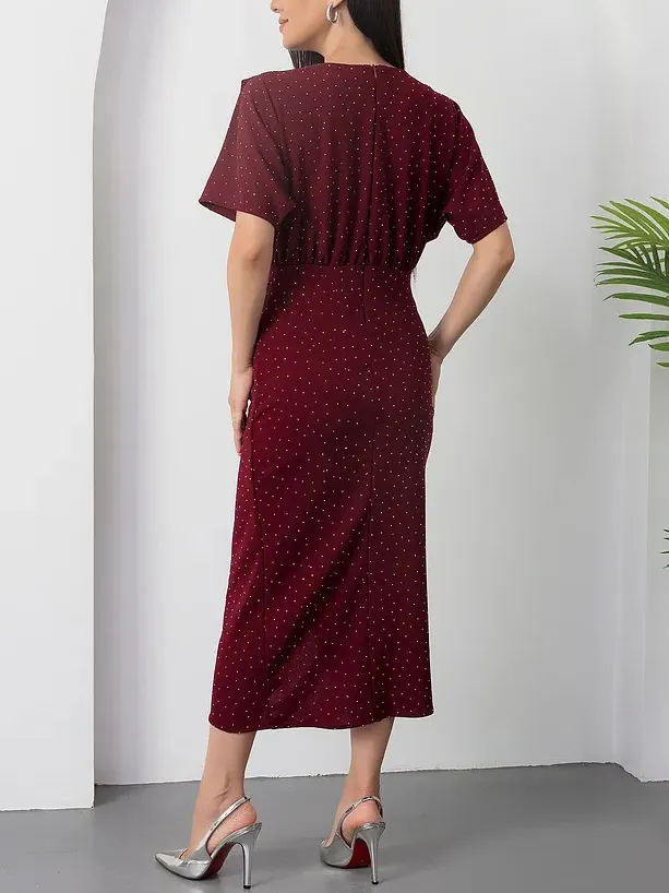 Elegant Round Neck Polka Dot Print Midi Dress