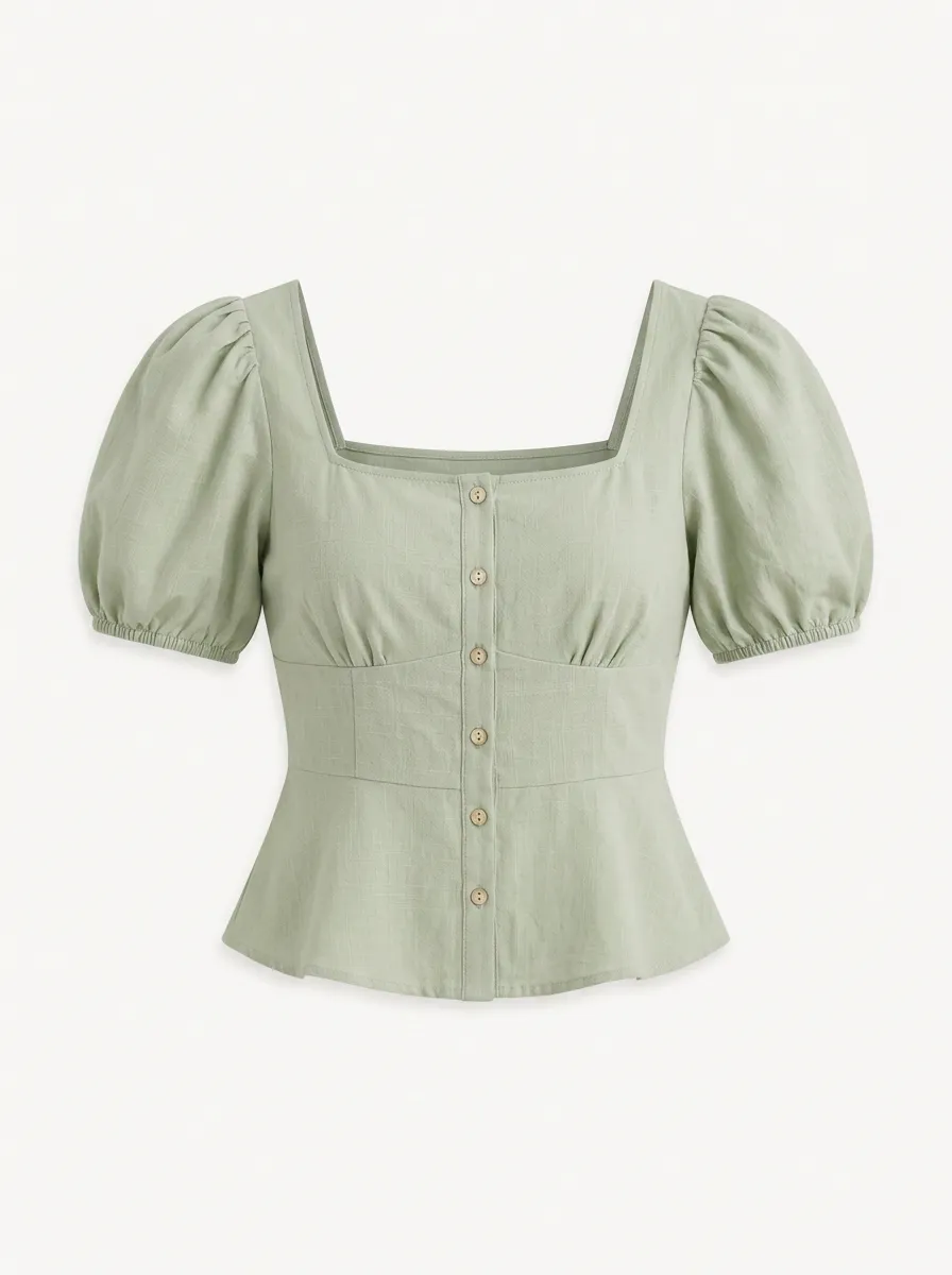 Women's Down Peplum Top Sage Green Square Neck Puff Sleeve Button