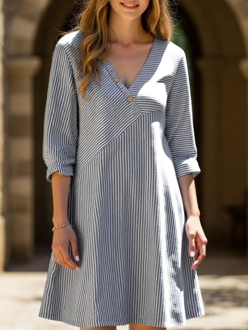 Soft Drape Striped V-Neck Dress