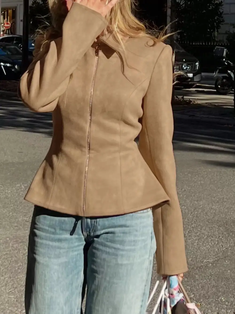 Suede Zip-up Fitted Jacket