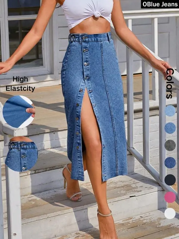 Women'S Button Front Denim Skirt, Casual Fashion Skirt For Daily Wear