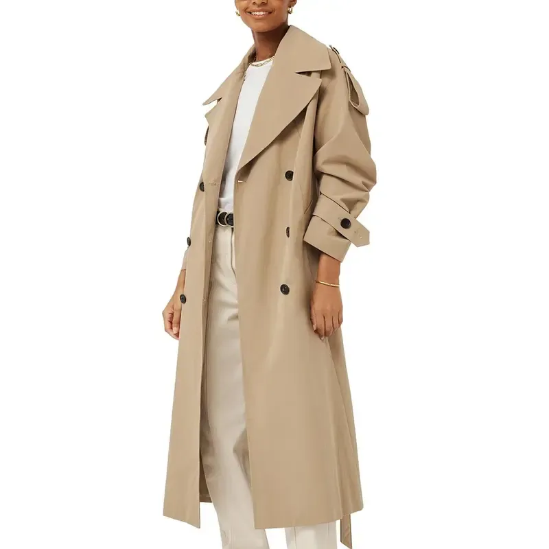 Womens Oversized Long Trench Coat Double Breasted Lapel Windproof Overcoat with Belt