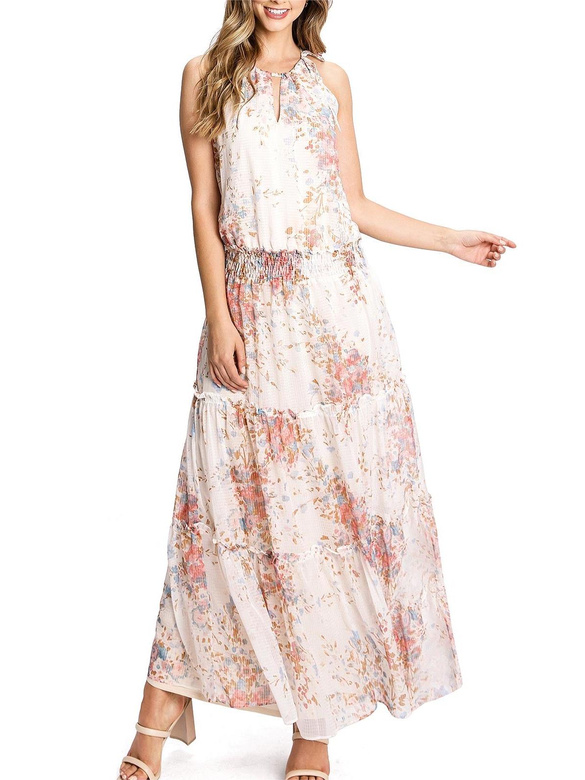 White Floral Print Halter Maxi Dress