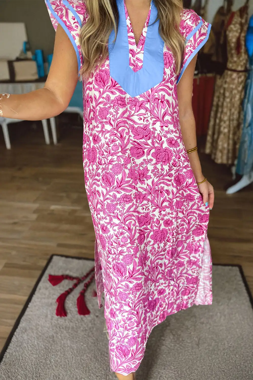 Drape Floral Patchwork V Neck Midi Dress