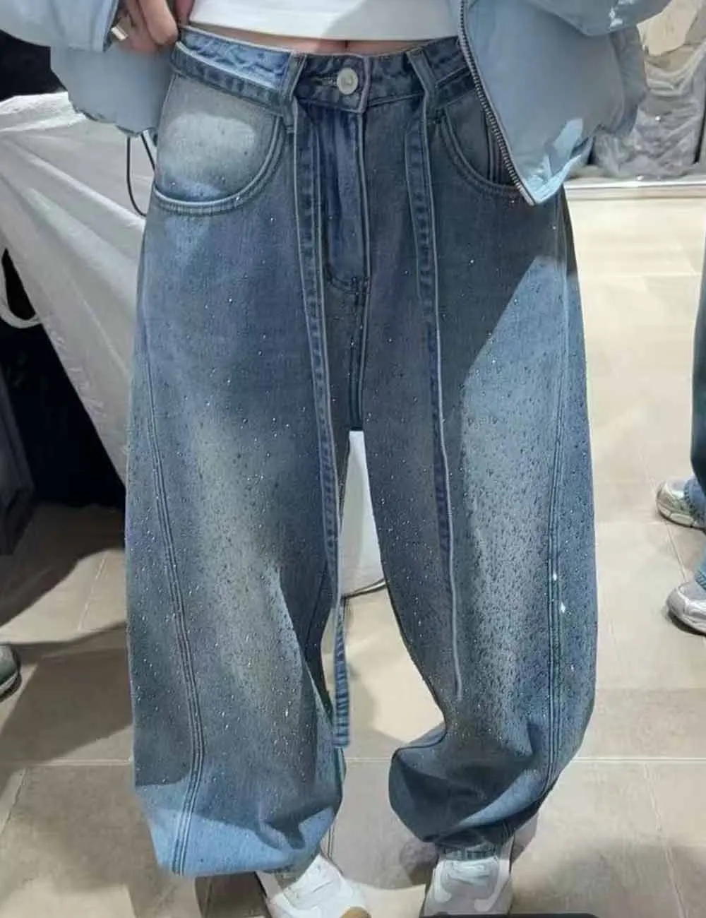 Fleece Lined Rhinestone Wide Leg Denim Pants