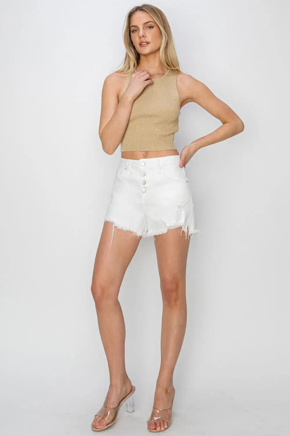 Button Fly Frayed Hem Shorts Denim Pants