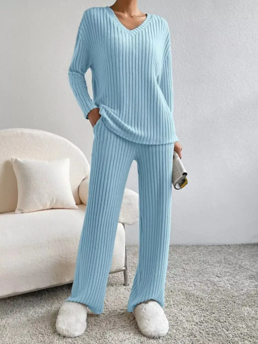 Classic Ribbed Knit V Neck Top and Pants Set