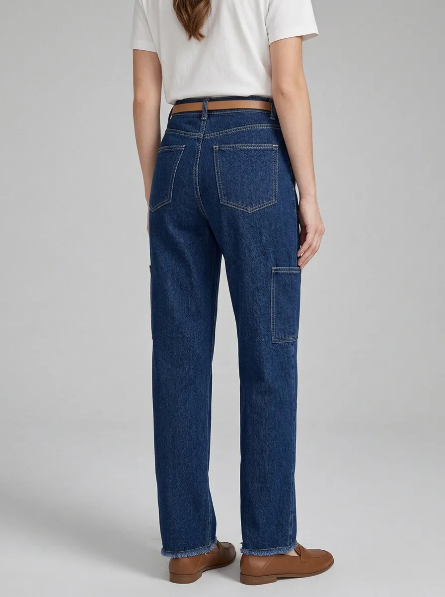 Women's Casual High-Waisted Cargo Pocket Denim Jeans