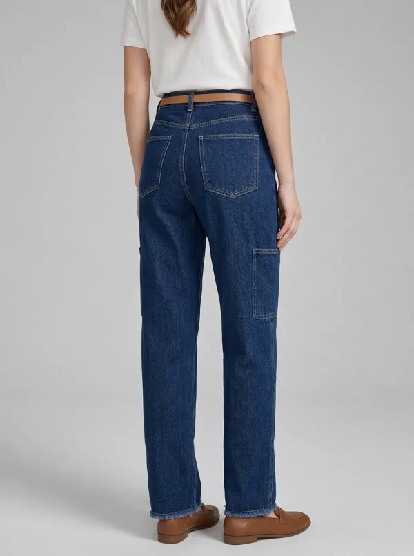 Women's Casual High-Waisted Cargo Pocket Denim Jeans