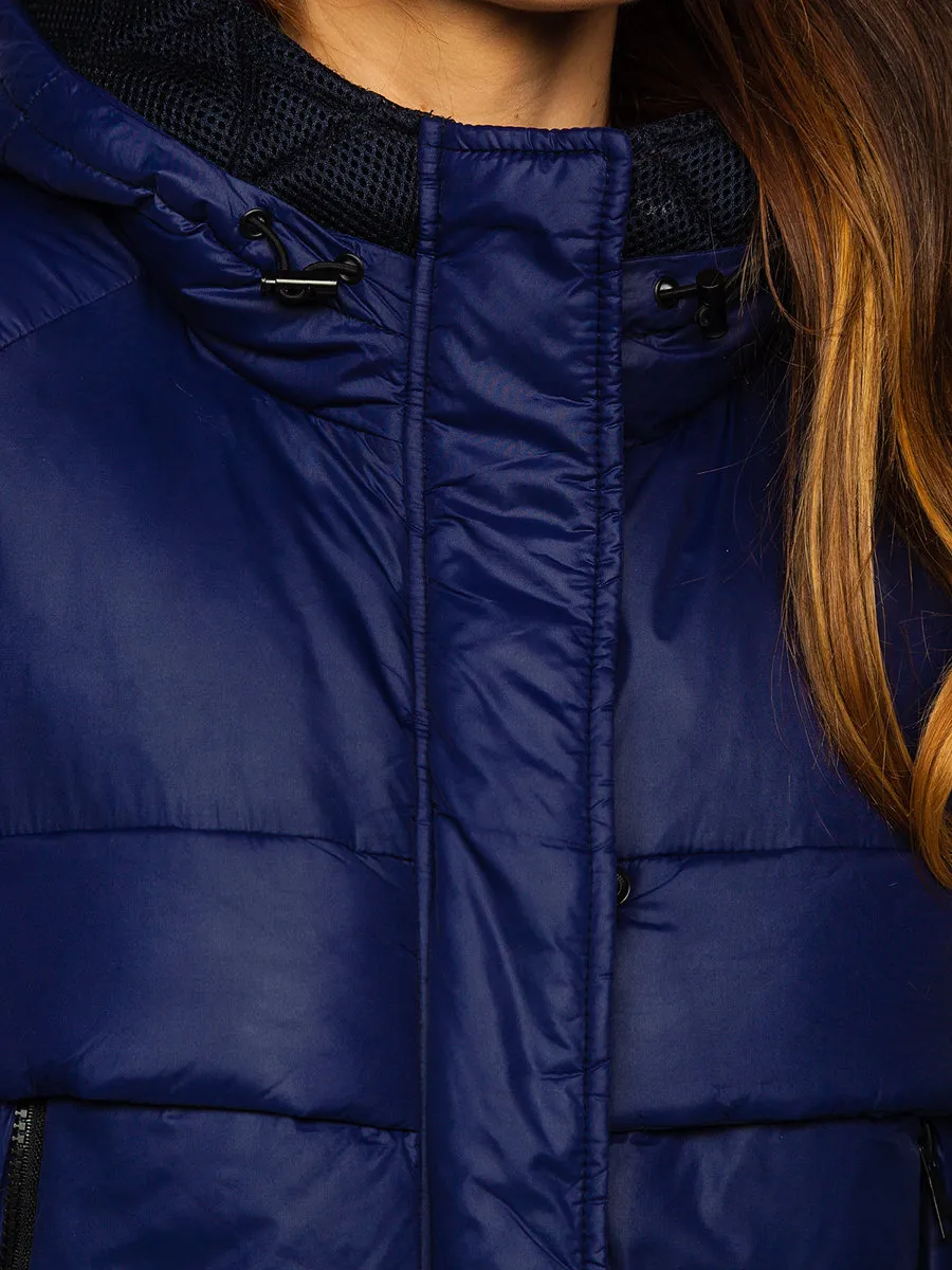 Dark blue women's long winter jacket with hood