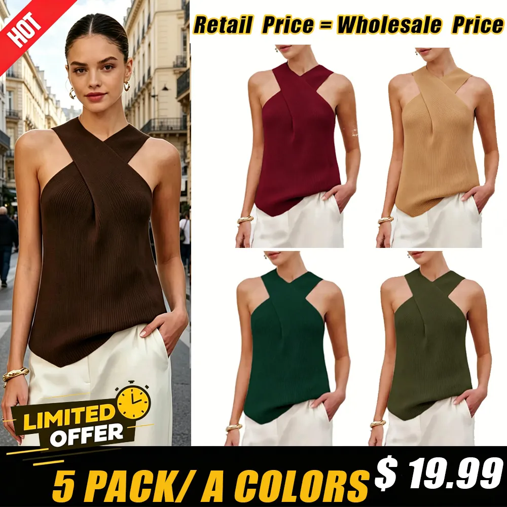 Tanming Women's Halter Cross Over Collar Tank Knit Sleeveless Camisole Top