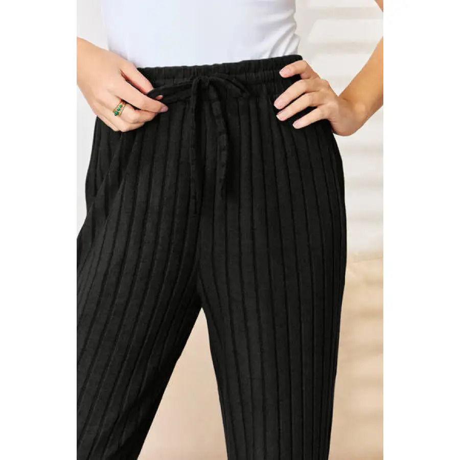 Basic Ribbed Drawstring Hood Top and Straight Pants Set