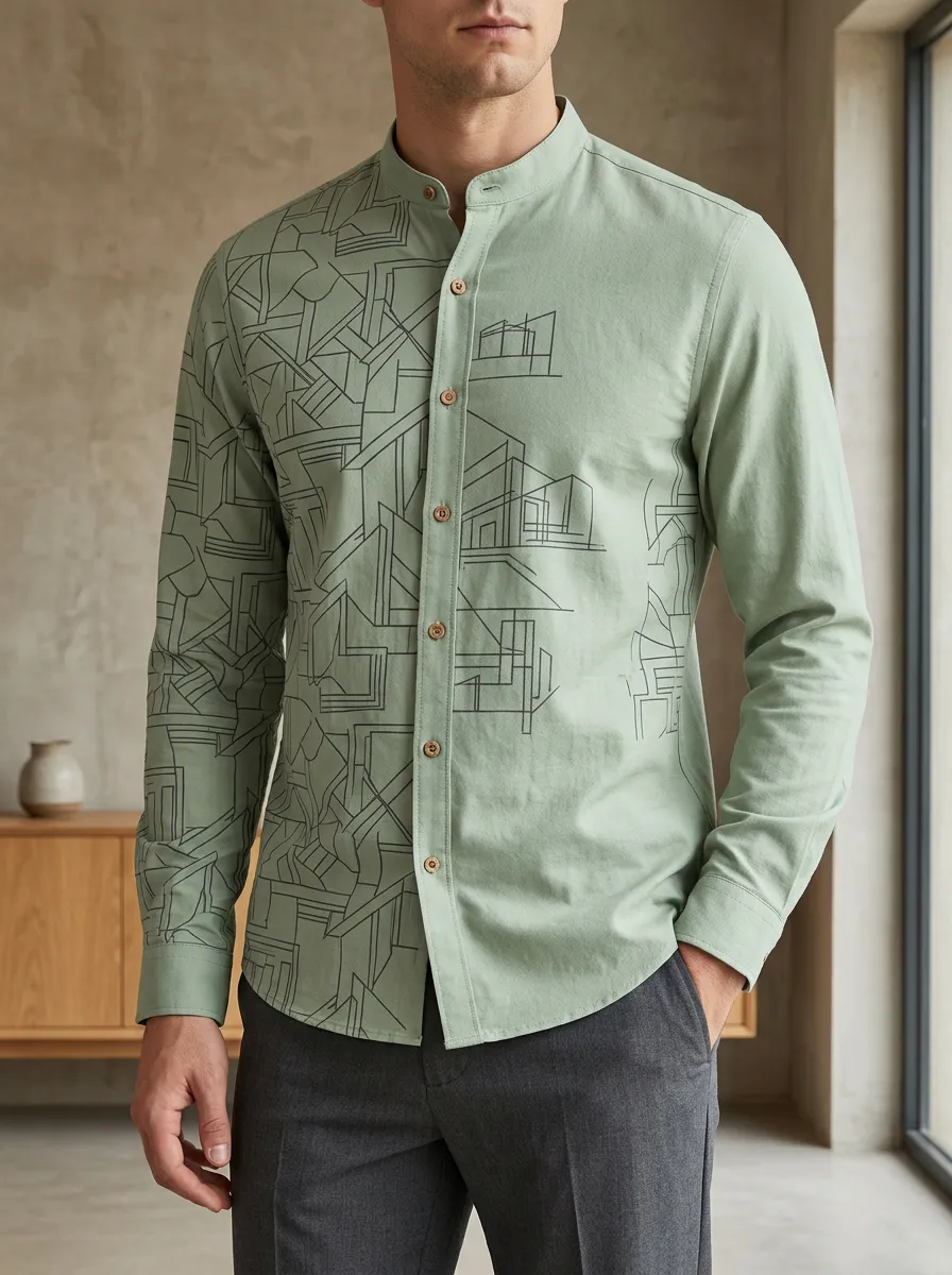 Men's Geometric Architectural Pattern Printed Slim Fit Shirt