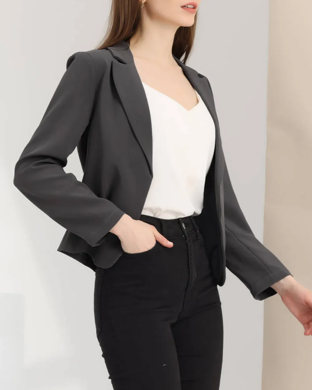 Casual Open Front Crop Suit Blazer Jacket