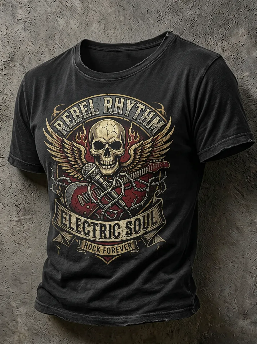 Men's Rock Music Skull Guitar Microphone Printed T-shirt