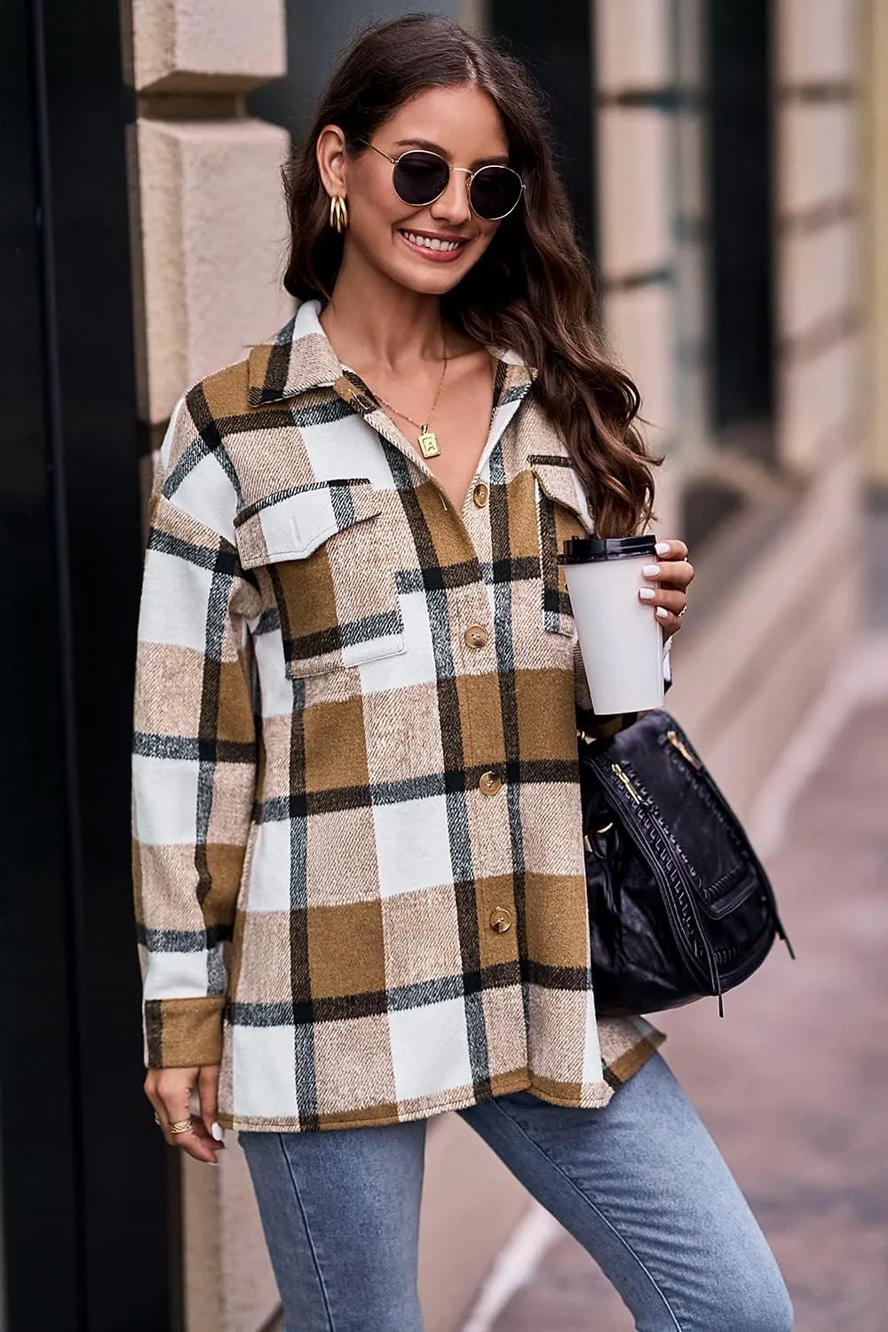 Women's 2023 Fall Clothes Plaid Shacket Jacket Long Sleeve Button Down Flannel Shirts Fashion Blouse