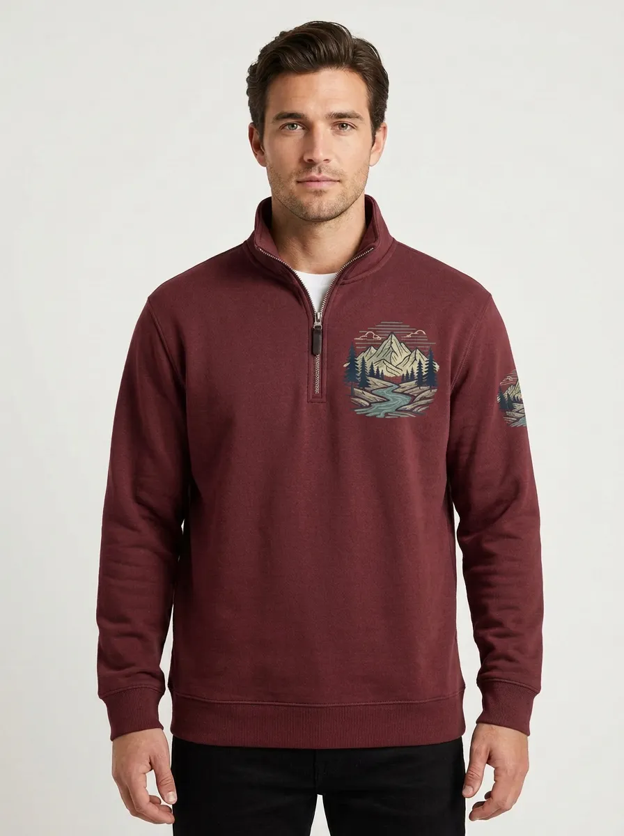 Men's Nature Mountain River Graphic Quarter-Zip-Neck Sweatshirt