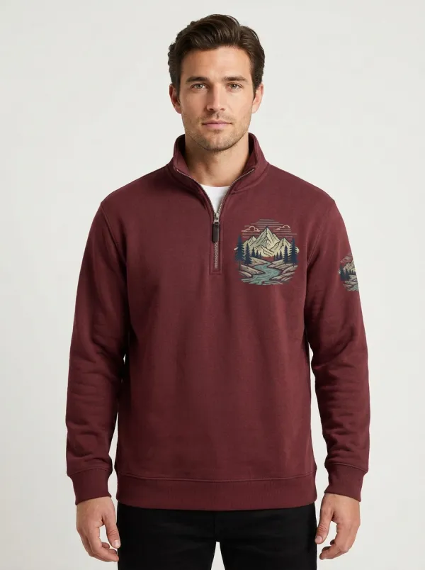Men's Nature Mountain River Graphic Quarter-Zip-Neck Sweatshirt
