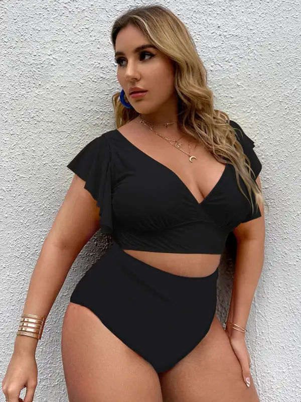 Plus Size Falbala V Neck Bikini Swim Set