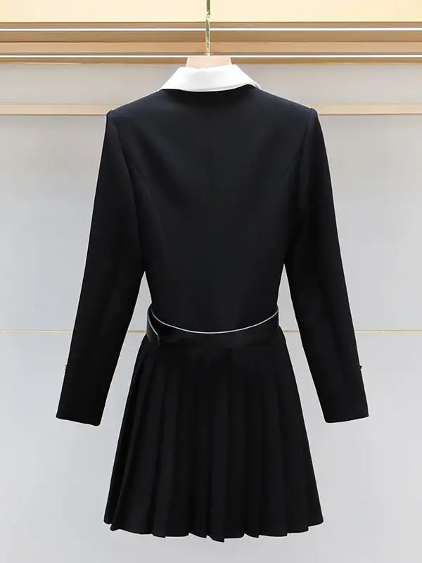 Elasticated Waist Long Sleeve Belted Buttoned Contrast Color Pleated Single Breasted