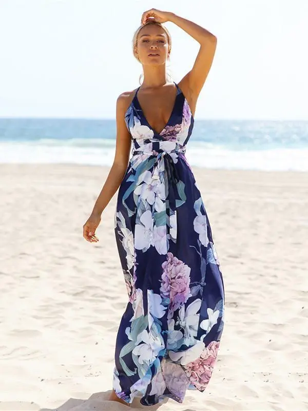 Popular Cotton Floral Printed Off Back Deep V Neck Maxi Dress