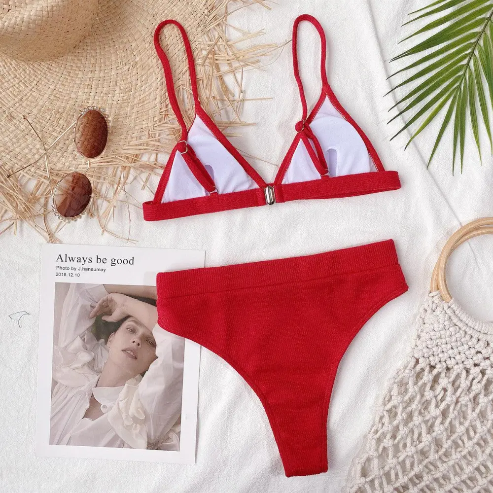 Spaghetti Strap Ribbed Bikini Set Accessory