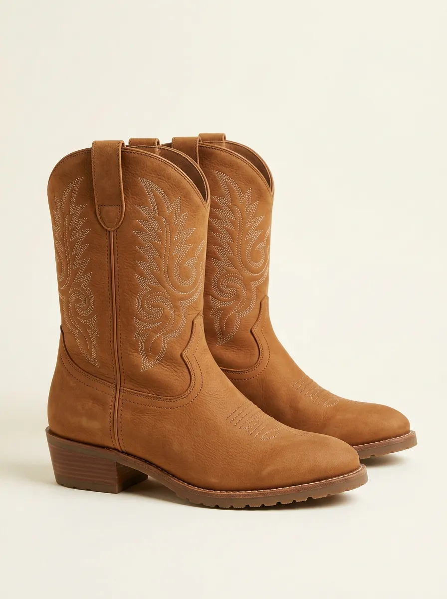 Unisex Tan Western Boots with Embroidered Print