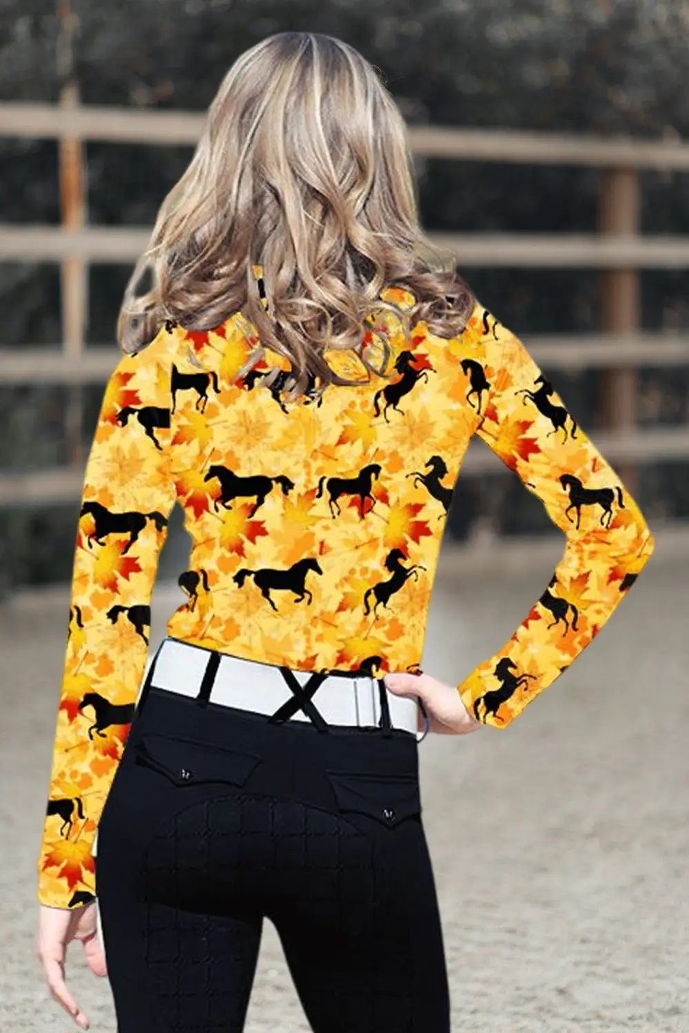 Spring, Summer, Autumn and Winter Women's Equestrian Style Maple Leaf Horse Print Long Sleeve Casual Shirt