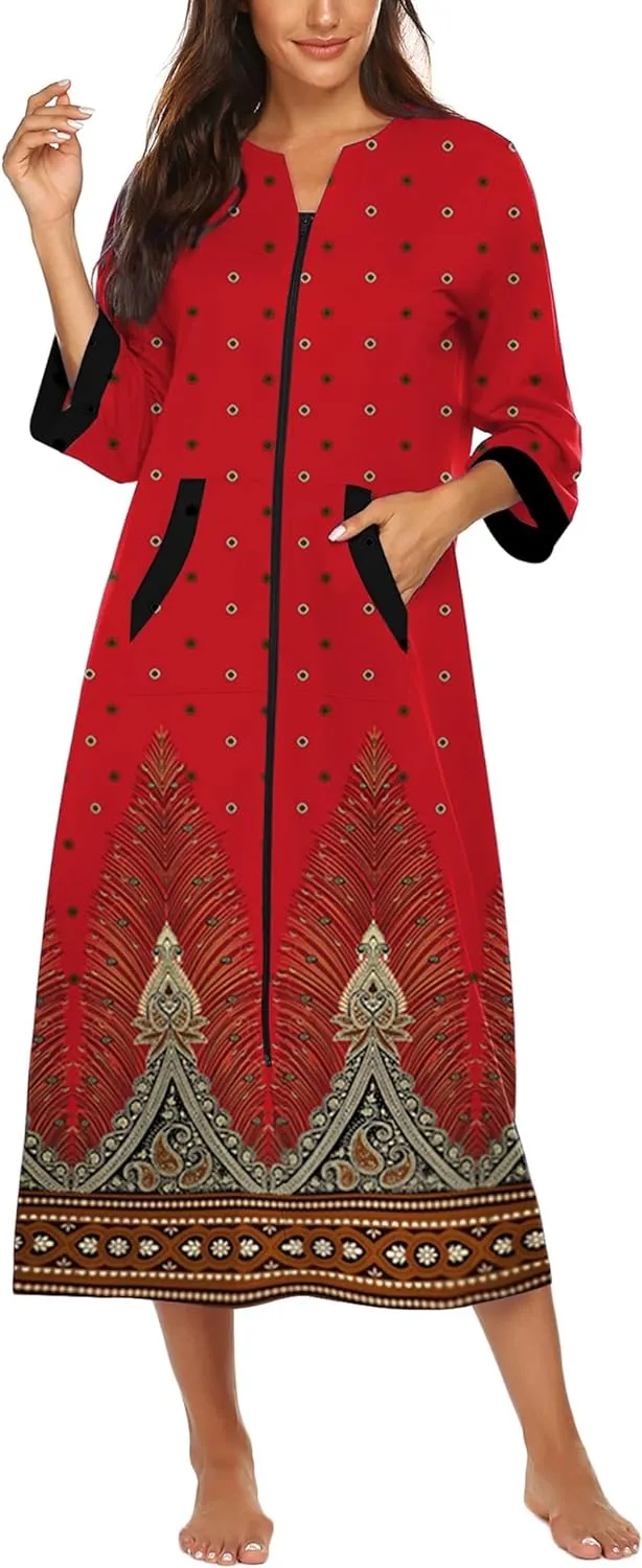 50% OFF Women Zipper Robe 3/4 Sleeves Loungewear Dress Full Length Sleepwear Pockets Housecoat Nightgown Long Bathrobe