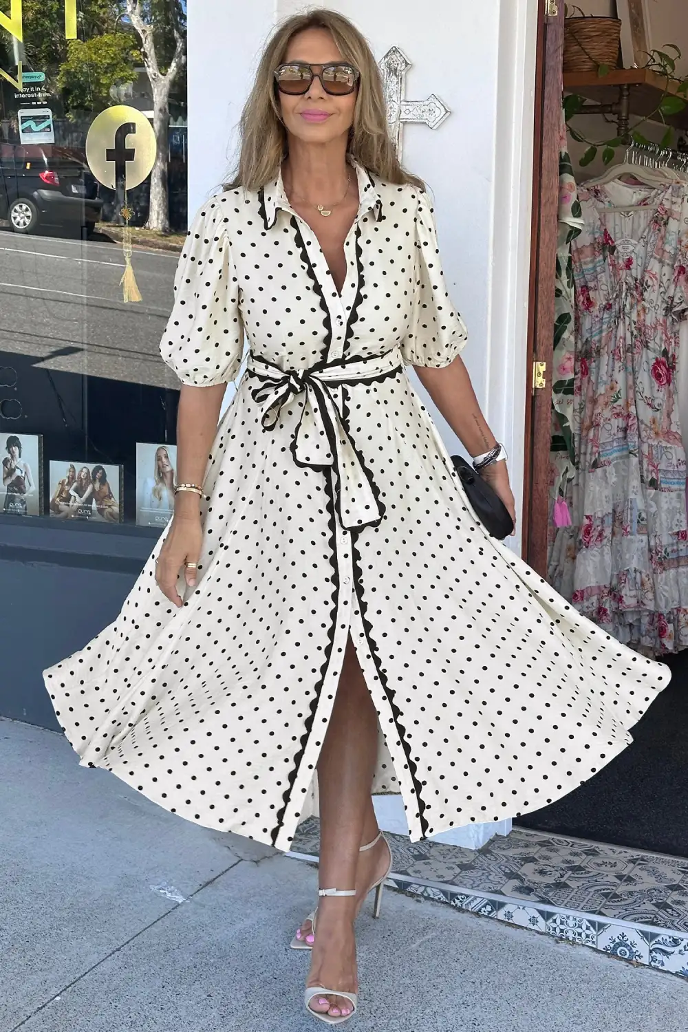 Polka Dot Printed Button Front Midi Dress