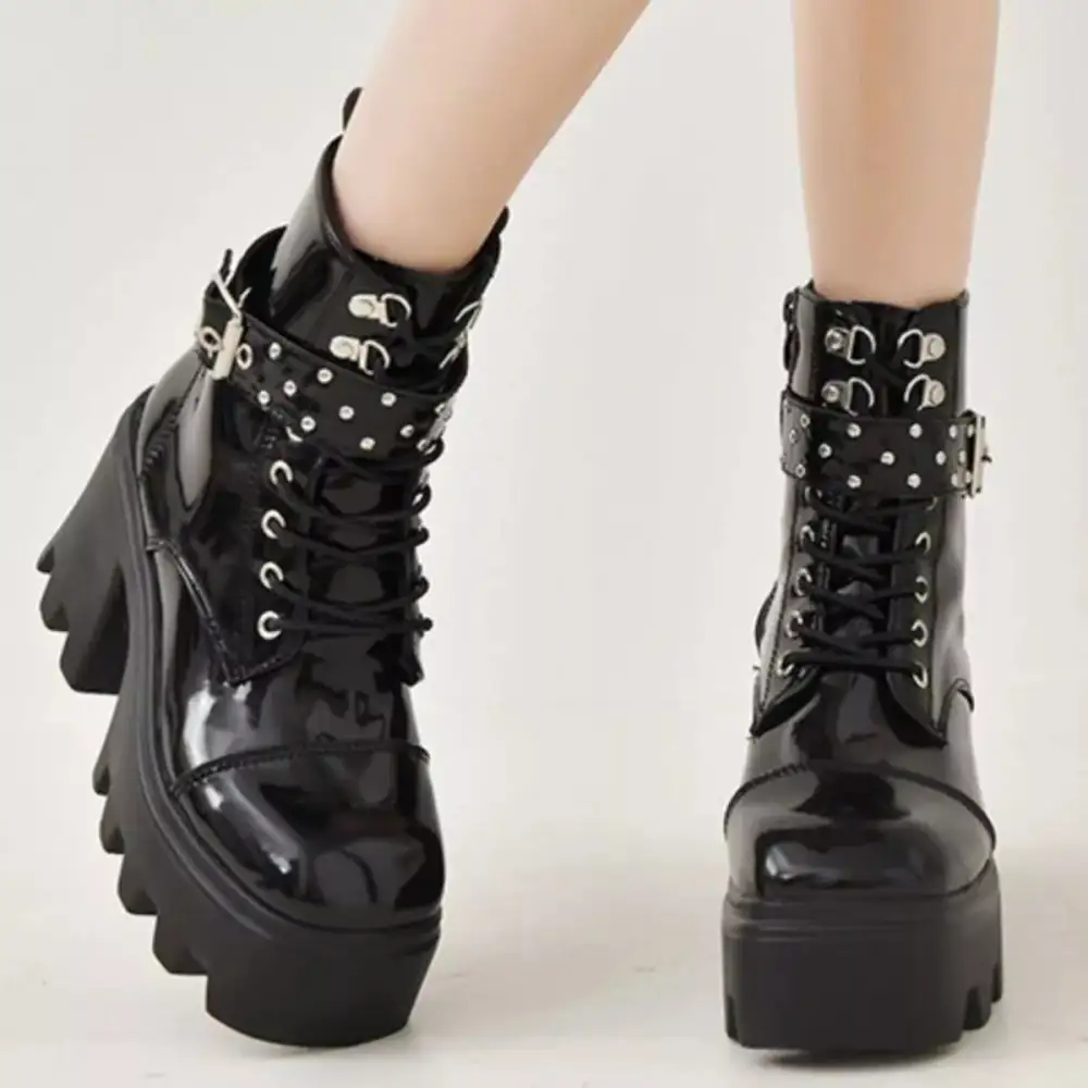 Platform Ankle Boots with Buckle and Studded Detail