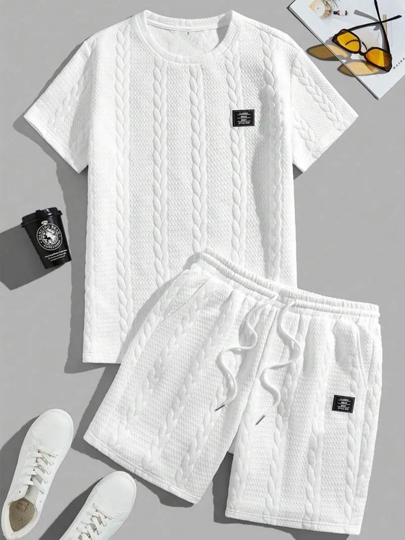 Men's Solid Textured Patched Tee & Drawstring Waist Shorts Set