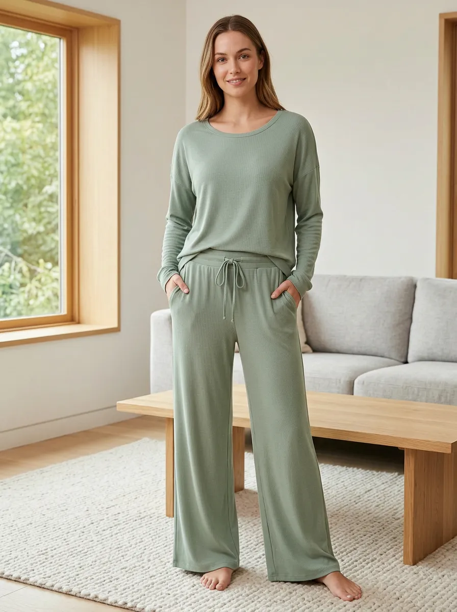 Women's Weekend Loungewear Ribbed Wide Leg Lounge Co-Ord